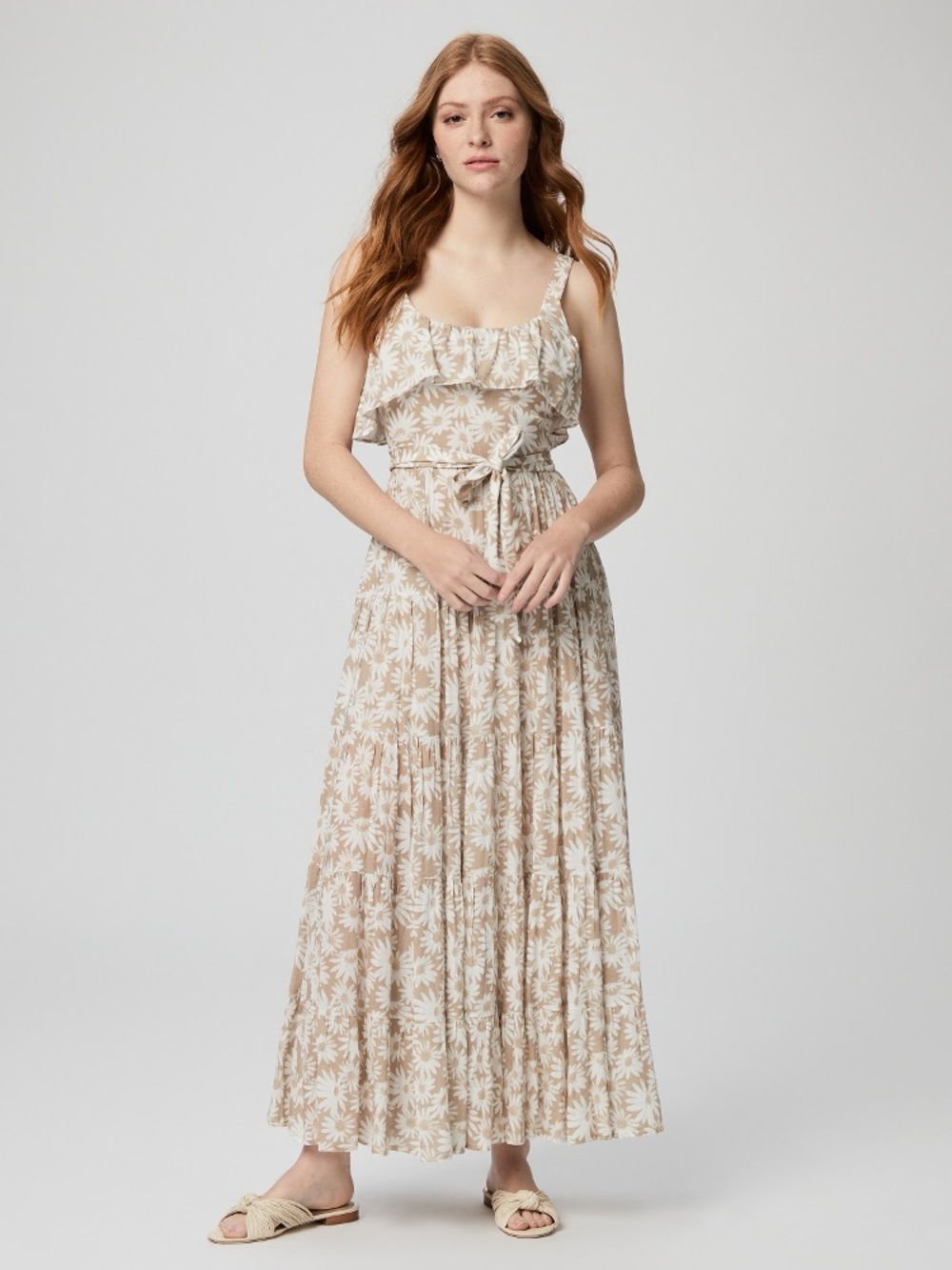 PAIGE Tevin Floral Ruffle Maxi Dress Beige